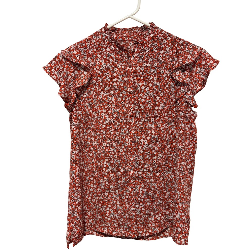 C.C Red Floral Ruffle Flutter Sleeve Button Front Blouse Top Small 7033122